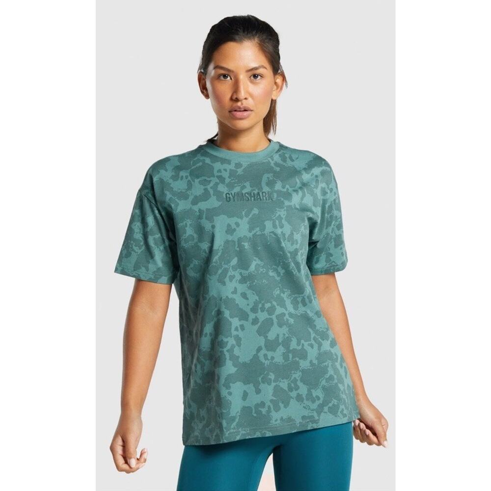 Gymshark Women's Camo Graphic Print Oversized Cotton T-Shirt Green Size Med